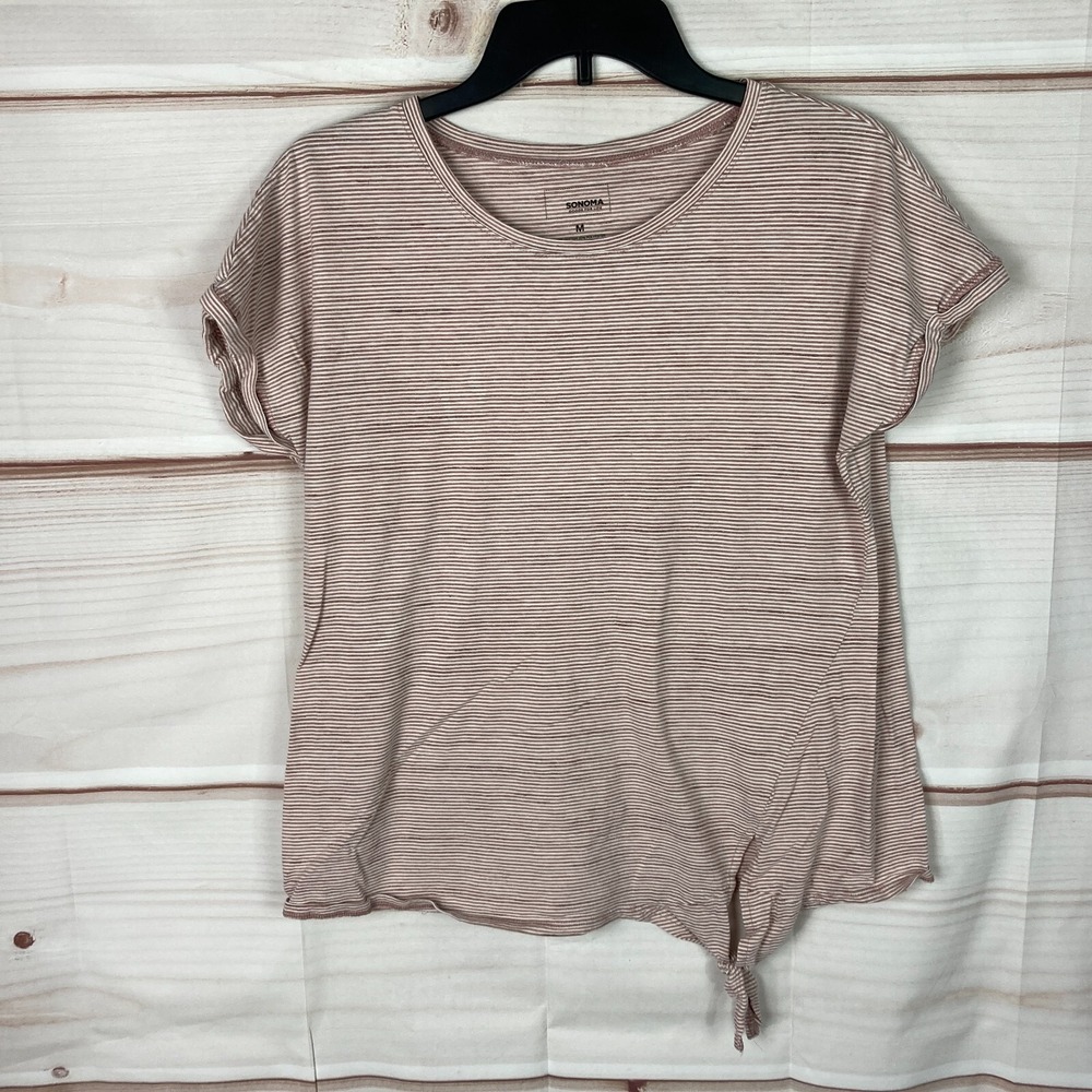 Sonoma Top Womens M Pink Stripe T-Shirt Tie Waist Cuffed‎ Short Sleeve Pullover